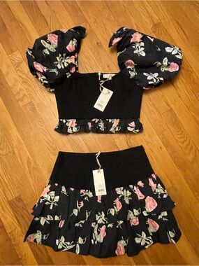 Loveshackfancy Isley Mini Skirt and Spirit crop Top in painted mime NWT